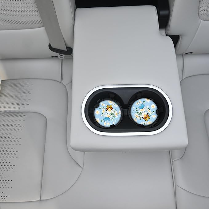 Car Coasters for Drinks Absorbent, 2 Pack Cup Holders, 2.56" Ceramic Stone & Non-Scratch Cork Base Coasters, Auto Accessories for Women & Men,Butterfly and Flowers.