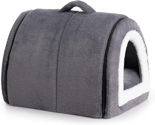 Hollypet Fluffy Cat Bed, 2 in 1 Foldable Cave House Animal Shaped Nest Pet Sleeping Bed, Deep Gray