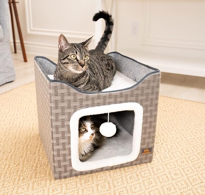 Cat Bed for Indoor Cats,Medium Large Cats Cave Bed,Machine Washable Slip Resistant Bottom,Ultra Soft Plush Cushion (Gray House)