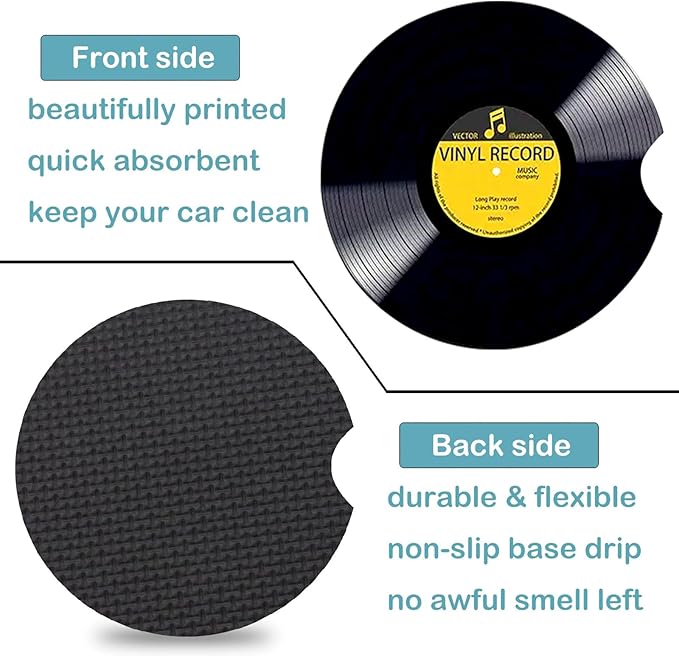 Car Coasters for Cup Holders,2 Pack Retro Vinyl Record Car Coasters,2.75" Universal Size Anti Slip Rubber Mat,Automotive Cup Holder Decal Decor Accessories,Gifts for Women,Men,Mom