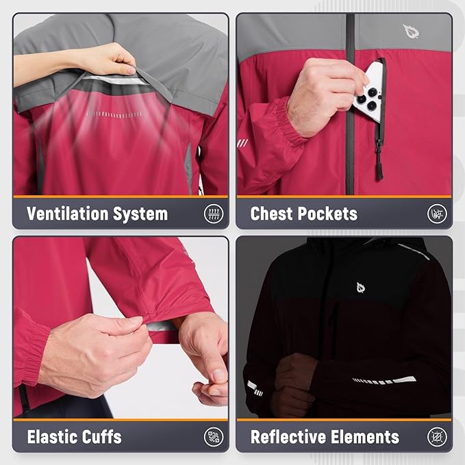 baleaf Men's Rain Jacket Waterproof Windbreaker Running Cycling Golf Hiking Gear Hood Lightweight Reflective Packable