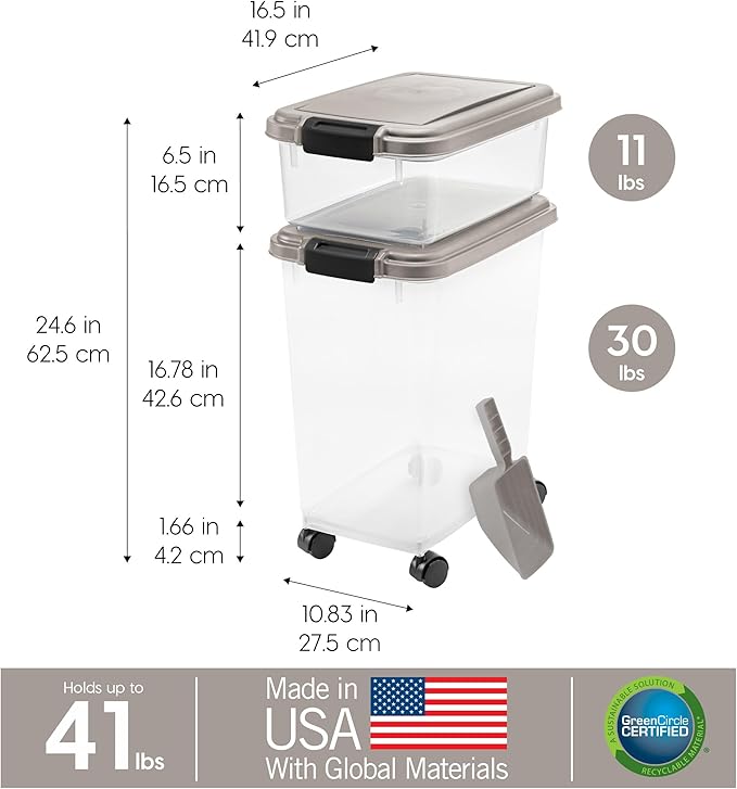 IRIS USA Dog Food Storage Container, 30 lbs & 11 lbs Combo, Cat Food Storage Container, Dog Treat Container, Airtight, Stackable, 2-Cup Scoop, Wheels, Easy Mobility, Chrome
