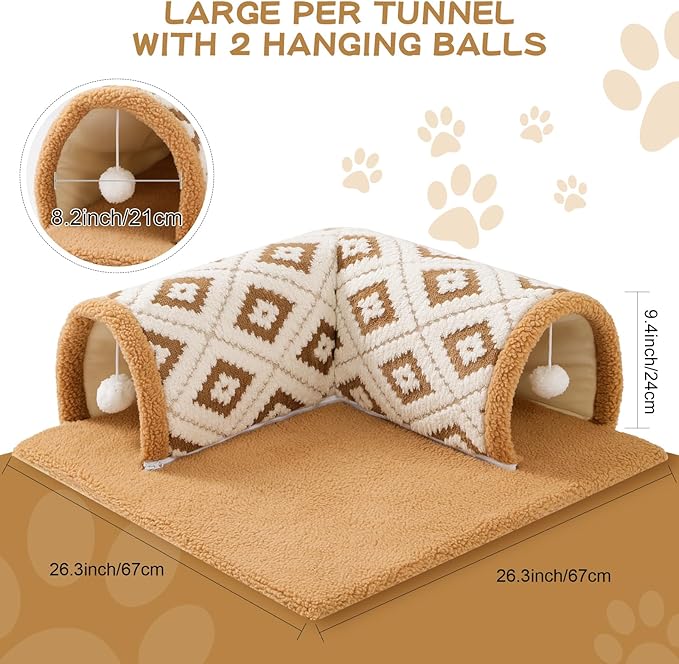 Cat Tunnel Bed for Indoor Cats, Large Size 26.5”x26.5”Soft Pet Tunnel Bed Playing Mat for Cats, Washable,Brown,Berber Fleece,Jacquard Pattern