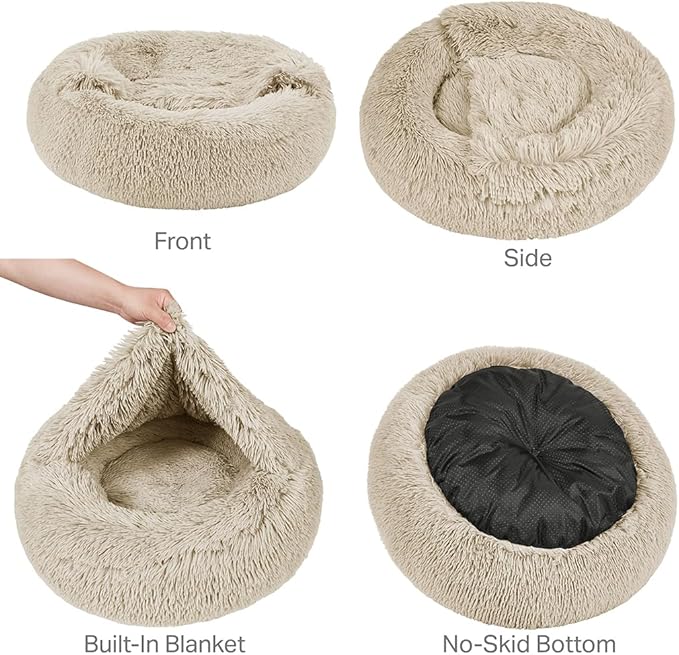 Friends Forever Luna Donut Cat Bed Cave, Soft Faux Fur Hooded Blanket Dog Couch For Indoor Pet, Fluffy Calming Plush Shag, Cozy Round Cushion, Machine Washable Cuddler, Self Warming, Tan, Small (23"x23"x6")