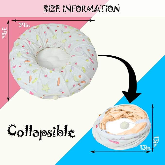 LUCKITTY Large Cat Donut Tunnel, Big Cat Tunnel Bed,Fluffy Toy Balls, Small Cushion and Flexible Design- 12 inch Diameter, Great for Cats, and Small Dogs,Cream