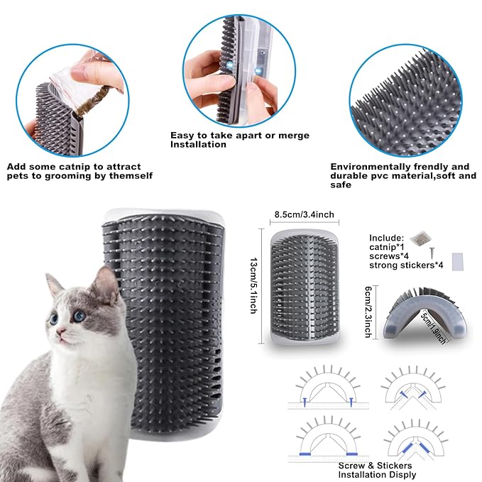 2 PCS Cat Grooming brush, Cat Self Groomers with Catnip, Pet Hair Removal Comb with Water Tank,Cat Accessories Including Soft Tissue for Indoor Long Fur Kitten Massage and Cleaning(Grey)