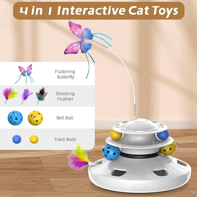 Cat Toys, 4-in-1 cat Interactive Toy for Indoor Rechargeable Automatic with Fluttering Butterfly Random Moving for Bored Indoor Adult Cats Kittens All Breeds White