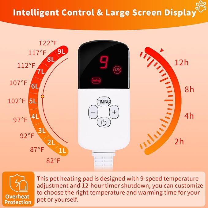 Dog Heating Pad, Waterproof Pet Heating Pad for Cats Dogs with 12H Timer & 9-Adjustable Temperature, Heated Dog Pad, Pet Heater Warmer for Cat Dog House Whelping Box Outdoor Indoor (18x18 Inches)