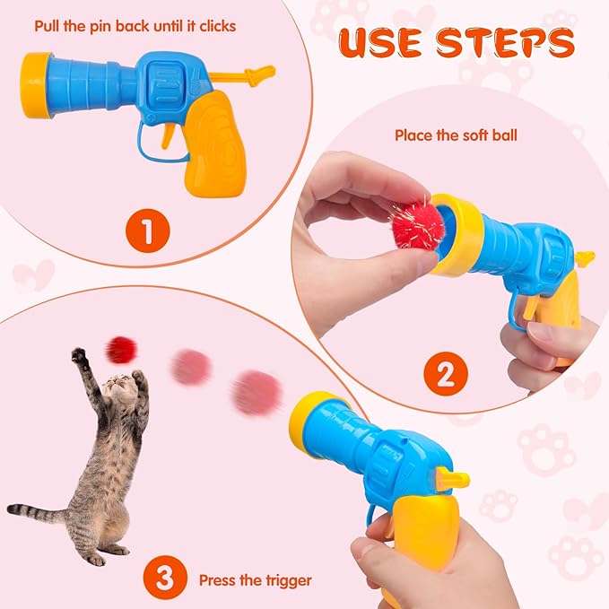 BooTaa Pet Toys, Interactive Cat Toy Set, 80pcs Glitter Pom-Poms Cat Ball Toy with 1 Launcher, Safe Soft Cat Toy Balls for Fetch, Training, Playing