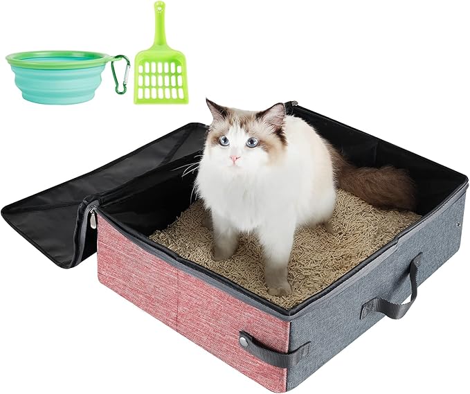 HiCaptain Portable Cat Litter Box with Lid and Handle Standard Lightweight Collapsible Litter Carrier for Cat (L,Pink/Gray)
