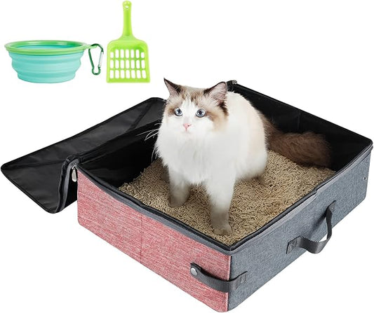 HiCaptain Portable Cat Litter Box with Lid and Handle Standard Lightweight Collapsible Litter Carrier for Cat (L,Pink/Gray)