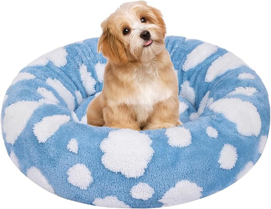 Calming Dog Bed, Dog Beds Fits up to 25 lbs Pets, Fluffy Donut Dog & Cat Bed Washable, Round Anti Anxiety Dog Bed, Small Dog Bed with Non-Slip Bottom (Blue, 24" x 24")