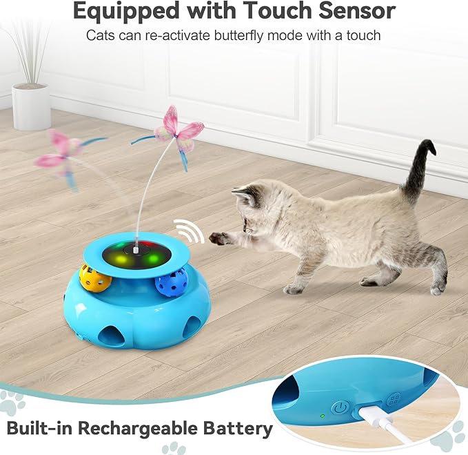 Interactive Cat Toys for Indoor Cats Rechargeable 3in1 Ambush Feather, Fluttering Butterfly, Track Balls, Automatic Kitten Toys Touch Activated, 2 Refill Feather