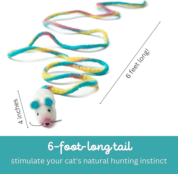 Catch a Mouse by The Tail Wool Cat Mouse Toy with a 6-Foot Tail for Indoor Cats Kittens. Cute Cat Toy Mouse Cat Toy. Rat Plush Toy, Fake Mouse, Mice. No Catnip. Pride (Unicorn Swirl)