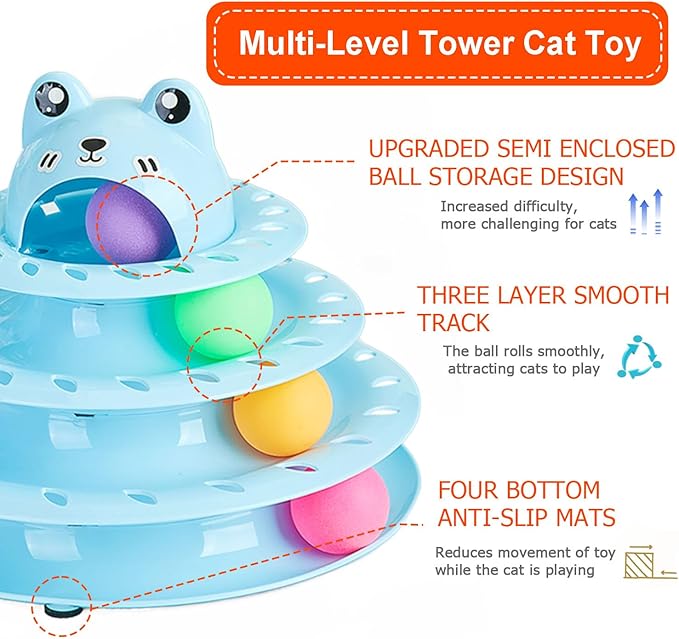 Cat Toys, 4-Level Turntable Ball Track Interactive Cat Toy for Indoor Cats, Self Play Fun Roller with Colorful Rotating Ball Puzzle Exercise Kitten Toys (Blue)