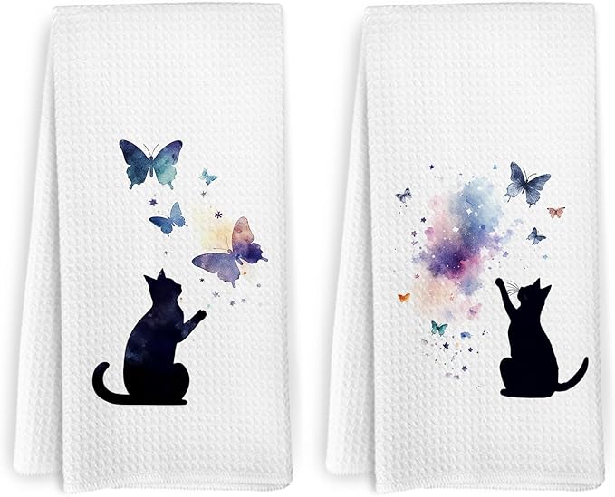 Black Cat Butterfly Kitchen Towels and Dishcloths Set of 2, Funny Cat Themed Dish Towels, Preppy Decorative Hand Tea Towels for Bathroom Kitchen, Gifts for Cat Lovers and Women, 16×24 Inches