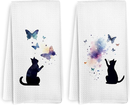 Black Cat Butterfly Kitchen Towels and Dishcloths Set of 2, Funny Cat Themed Dish Towels, Preppy Decorative Hand Tea Towels for Bathroom Kitchen, Gifts for Cat Lovers and Women, 16×24 Inches