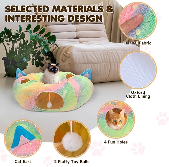 Cat Tunnel Bed for Indoor Cats,Cat Donut Tunnel with 4 Holes & Plush Ball Toys,Collapsible Self-Luminous Multifunctional Pet Playground Toys Hideplace for Kitten/Puppy/Rabbit,Rainbow