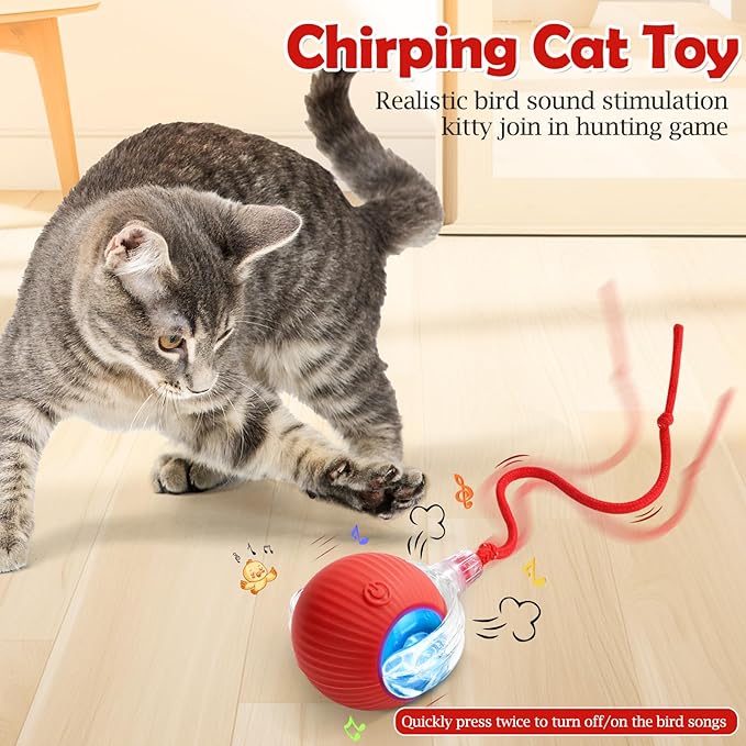 Interactive Cat Toy - Cat Toys for Indoor Cats Smart Silicone Rolling Ball with Tail,Bird Sound,Obstacle Avoidance and Motion Activated,Kitten Puzzle Toys for Bored Indoor Adult Cats & Dogs (Red)