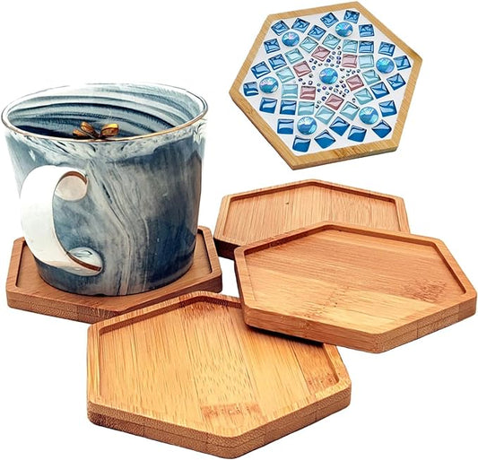 4PCS Mosaic Bamboo Coasters for Crafts, Blank Base Trays, Drinking Cup Coaster, Plant Coaster, Art Plate,DIY Mosaic Supplies (Hexagon)