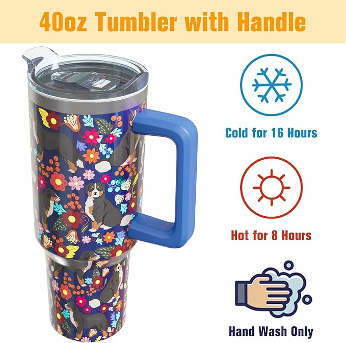 Bernese Mountain Dog Gifts for Women Lovers 40 oz Floral Bernese Mountain Tumblers with Handle and Straw, Stainless Steel Vacuum Insulated Travel Coffee Mug Cup Water Bottle