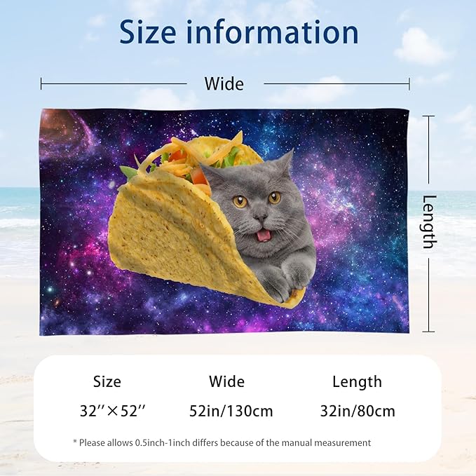 WZOMT Microfiber Cat Beach Towel, Cute Space Taco Cat Kitty Purple Galaxy Bath Towels, Cats Towels for Cats Lovers, Funny Quick Dry Sandproof Pool/Swim/Surfing Towel, Oversized 32x52 Inch