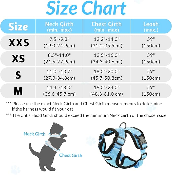 rabbitgoo Cat Harness and Leash for Walking, Escape Proof Soft Adjustable Vest Harnesses for Cats, Easy Control Breathable Reflective Strips Jacket, Light Blue, S