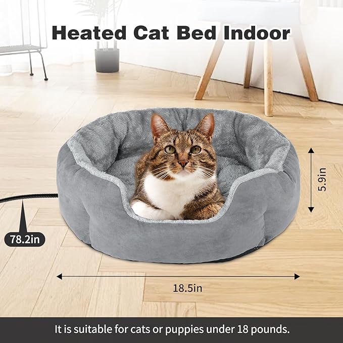 Heated Cat Bed Indoor, 18.5" Soft Heated Pet Bed for Indoor Cats with Timer and Temp Adjustable, Warming Cat Bed Heating Pad for Indoor Cats Kitten Old Cat Senior Cat
