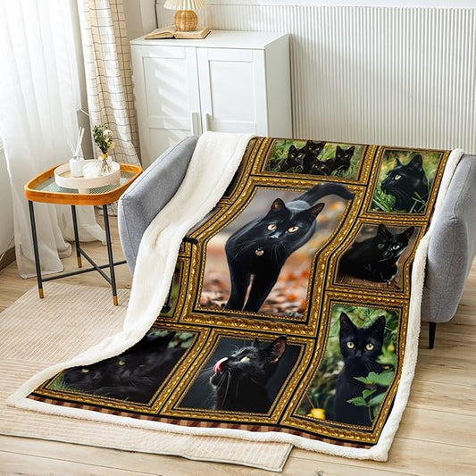 Feelyou Black Cat Fleece Throw Blanket for Bed Sofa Couch Cute Cat Plush Blanket Queen 90"x90" Kawaii Kitten Sherpa Blanket Gift for Havana Cat Lover Fuzzy Blanket Flannal Blanket