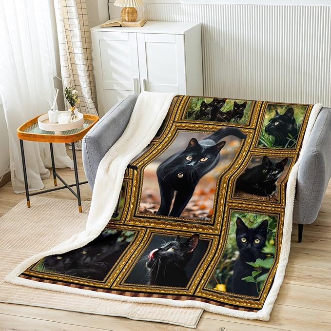 Feelyou Black Cat Fleece Throw Blanket for Bed Sofa Couch Cute Cat Plush Blanket Twin 60"x80" Kawaii Kitten Sherpa Blanket Gift for Havana Cat Lover Fuzzy Blanket Flannal Blanket