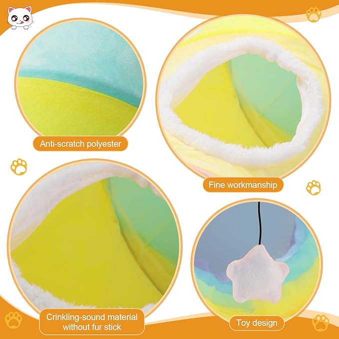 Large Size Straight Cat Tunnel with Four Holes and Hanging Ball for Indoor Cat Exercise, Interactive Crinkle Inside Material