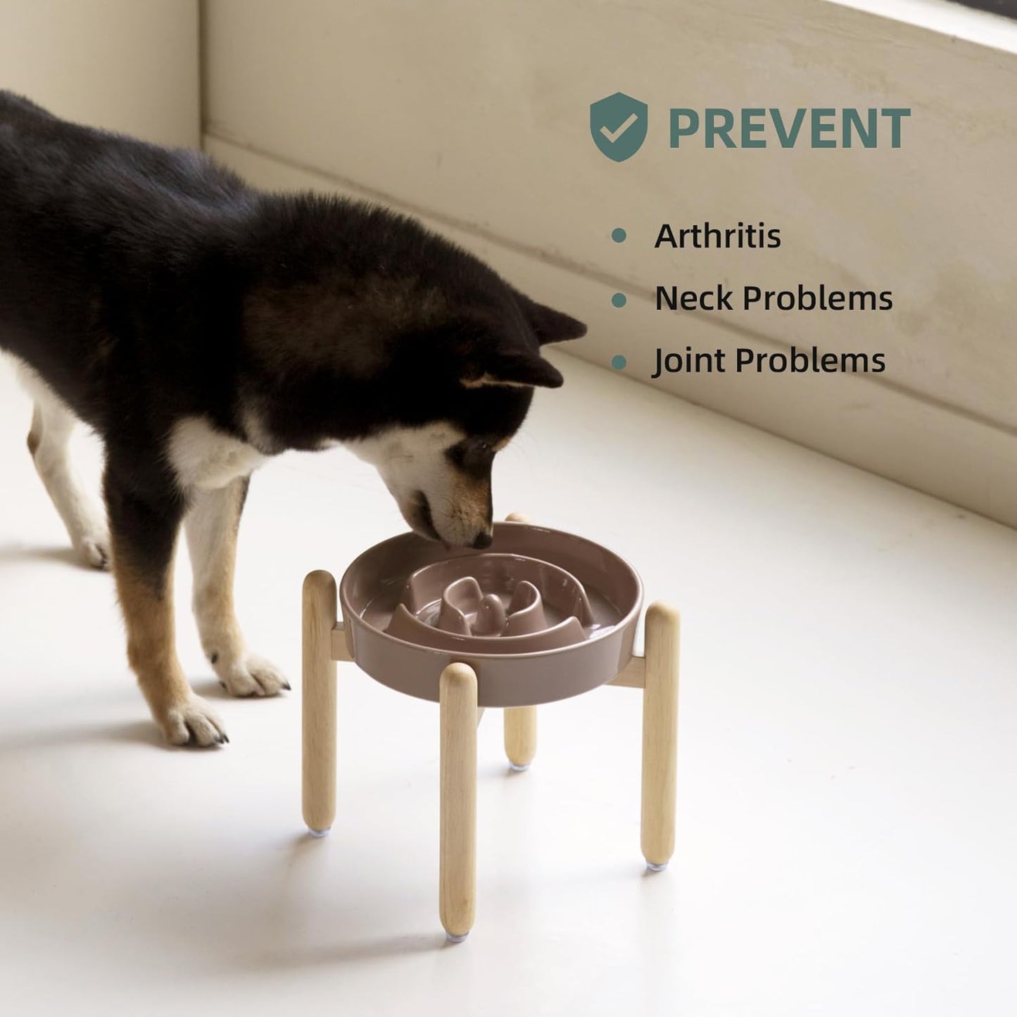 8.2inch Ceramic Raised Slow Feeder Dog Bowl Set, Elevated Wooden Stand for Large and Medium Dog, Puzzle Slow Dish, Preventing Choking(Brown Coffee, Single Bowl+ Stand)