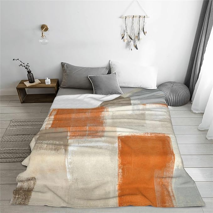 Orange Grey Abstract Art Painting Throw Blanket Soft Cozy Plush Warm Fleece Blanket for Sofa Couch Bed 80"X60"