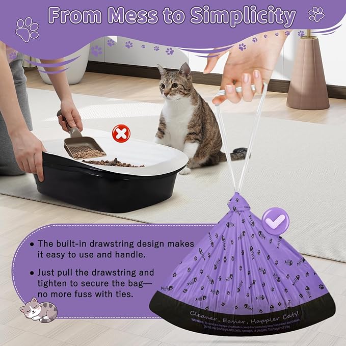 80 Count Jumbo Cat Litter Box Bags, 36" x 18" Drawstring Liners, Heavy Duty and Extra Large, Easy Clean Up, Kitty Waste Bag For Pet Supplies