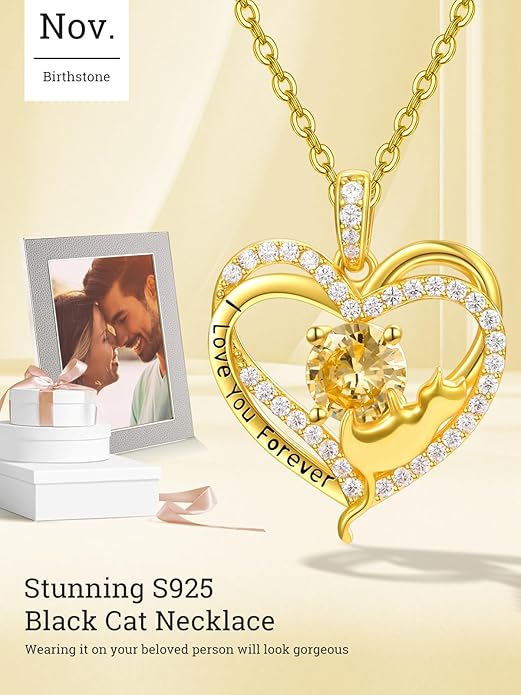 Birthstone Cat Necklaces,925 Sterling Silver Cat Necklace Heart Pendant for Women,Dainty Animal Jewelry for Her,Wedding Anniversary Birthday Gifts for Women Mom Grandma