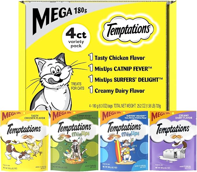 Temptations Classics and MixUps Crunchy and Soft Cat Treats Variety Mega Pack, (4) 6.3 oz. Pouches
