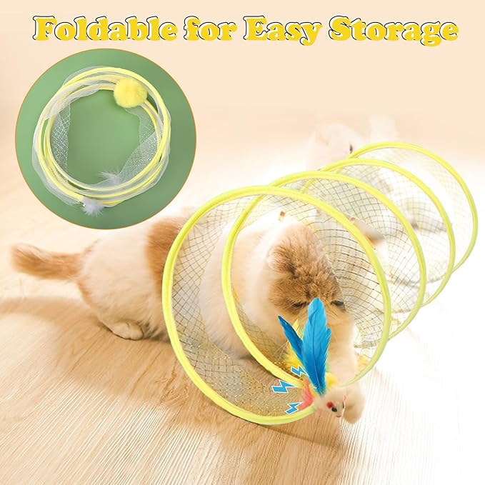 BUSOHA 4 in 1 Cat Tunnels for Indoor Cats, Assumption Cat Tunnel, Foldable Cat Spring Toy, Cat Interactive Toys, Replacement Cat Feather Toy