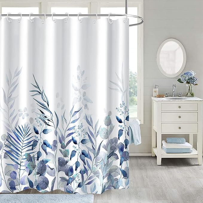 AWERT Shower Curtain Plants for Bathroom,Waterproof Quick-Drying Blue Leaves Shower Curtain Set with Hooks 72x84 Inch