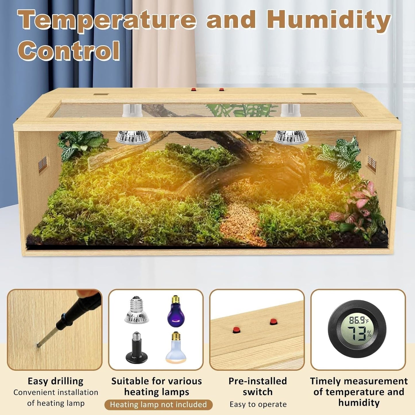 80 Gallon Reptile Terrarium, Large Snake Enclosure, Lizard and Leopard Gecko Tank With Openable Roof Door, Lockable Bearded Dragon Enclosure (Wooden, 48" L x 20" W x 20" H)