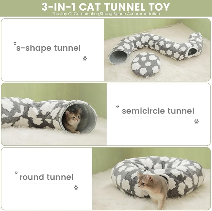 Cat Tunnel Bed for Indoor Cats,Soft Plush Peekaboo Cat Donut Tunnel with Washable Circle Cushion, Round Pet Play Tunnel Toy for Kitten Puppy Rabbit Ferret Grey