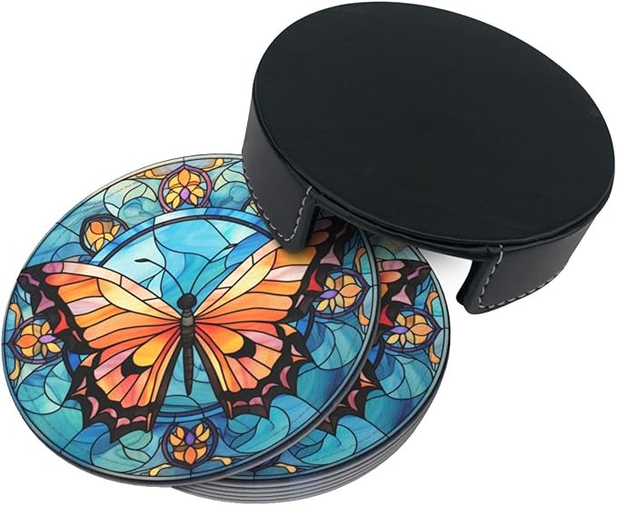 Butterfly Drink Coaster Set of 6, Butterfly Decor Gifts, Leather Drink Coasters with Holder, 6 Pack Cup/Bar/Drink Coasters for Table/Drinks/Coffee Protection Housewarming Gift (Butterfly)