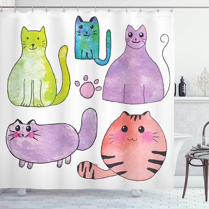 Ambesonne Kitten Shower Curtain, Hand Drawn Colorful Cartoon Style Print Domestic Cats Pets Paws in Watercolors, Cloth Fabric Bathroom Decor Set with Hooks, 69" W x 75" L, Violet White Multicolor
