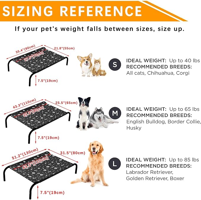 Elevated Dog Bed with Metal Frame, Raised Dog Bed with Waterproof Mesh, Dog Cot with No-Slip Rubber Feet, Portable Pet Bed. M(43.3" L x 26" W x 8" Th) Black