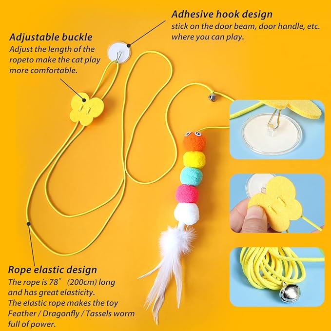 Feather Teaser Toys, Butterfly Worm Interactive Hanging String Cat Toy, Door Hanging Cat Pet Toy for Indoor Cats Kitty Play Chase Exercise - Feather / Dragonfly / Tassels worm 3 Pcs set (Feather Worm)