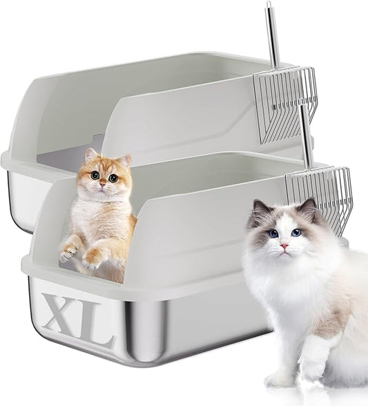 2 Pack Stainless Steel Cat Litter Box with Lid Enclosed Sides Extra Large Matel Litter Box for Big Cats XL Steel Litter Pan for Multiple Cats with Cat Litter Scoop Easy Cleaning