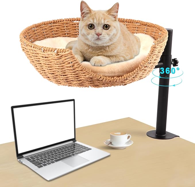 SEPAZON Cat Desk Bed Elevated, Cat Nest Bed for Desk Indoor Cats, Cat Hammock for Desk Window Bedside, Cat Shelf Bed for Kitten, Cat Furniture 360° Rotation Raised Cat Bed - Supports up to 44lbs