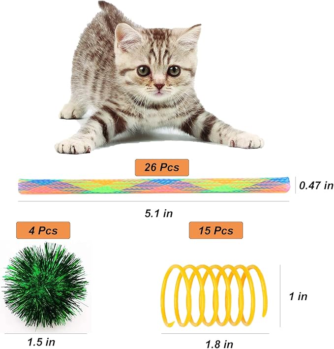 ISMARTEN 45 Pieces Cat Toy Springs Balls Set, Colorful Cat Spring Toy and Cat Tube Toy Interactive Cat Toy and Cat Toy Pom Poms Balls for Kittens to Swat, Bite, Hunt (Random Color)