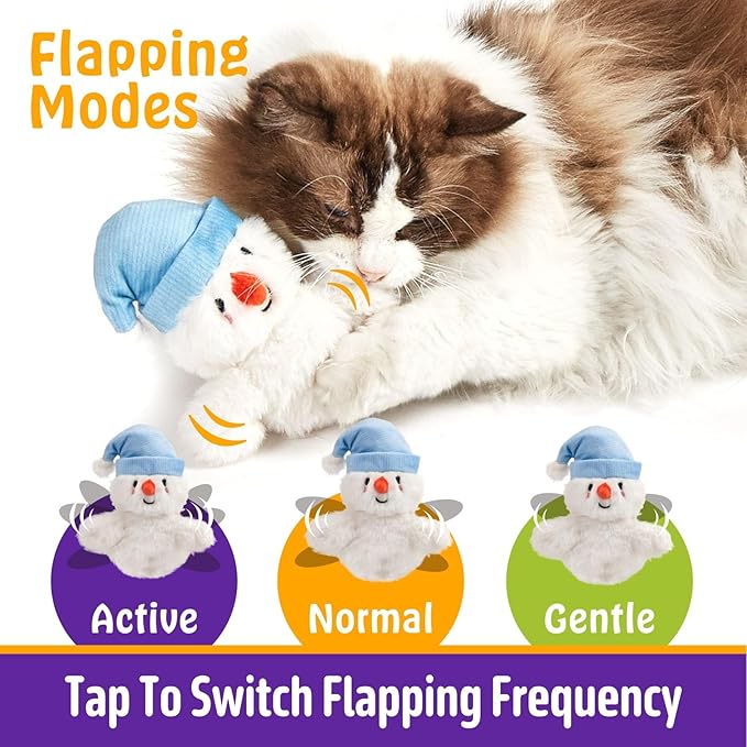 Interactive Christmas Cat Toys, Flapping Snowman Cat Toys, Lifelike Bird Chirp, USB Rechargeable Catnip Toy for Bored Indoor Cats Chase Exercise, 3 Modes