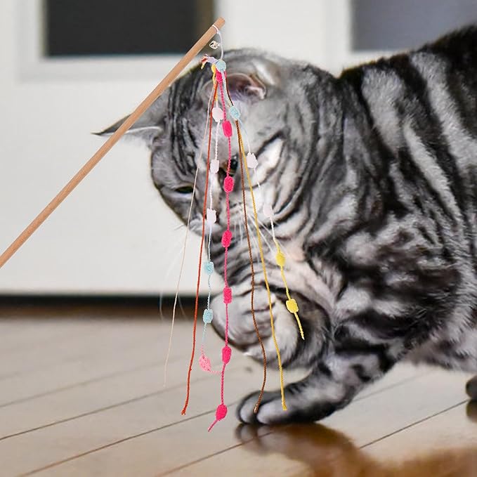 LOGOFUN Cat Teaser Toys Interactive Cats Teaser Feather Wand Rainbow Ribbon Pet Accessories for Cat Kitten Having Fun Exerciser Playing