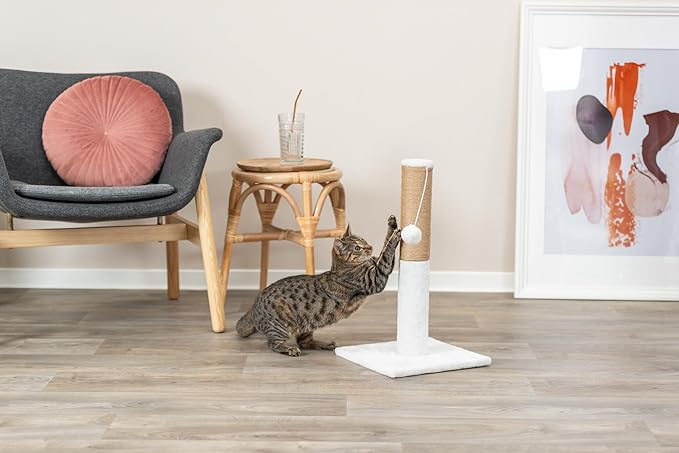 TRIXIE Ella 20.5" Cat Scratching Post, Sisal Cat Scratcher with Hanging Cat Toy, Plush Base, White & Brown